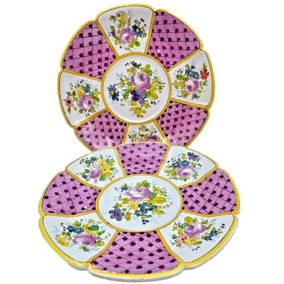 2 Antique Veuve Perrin Faience Plates 7" Scalloped Floral Handpainted France - Picture 1 of 9